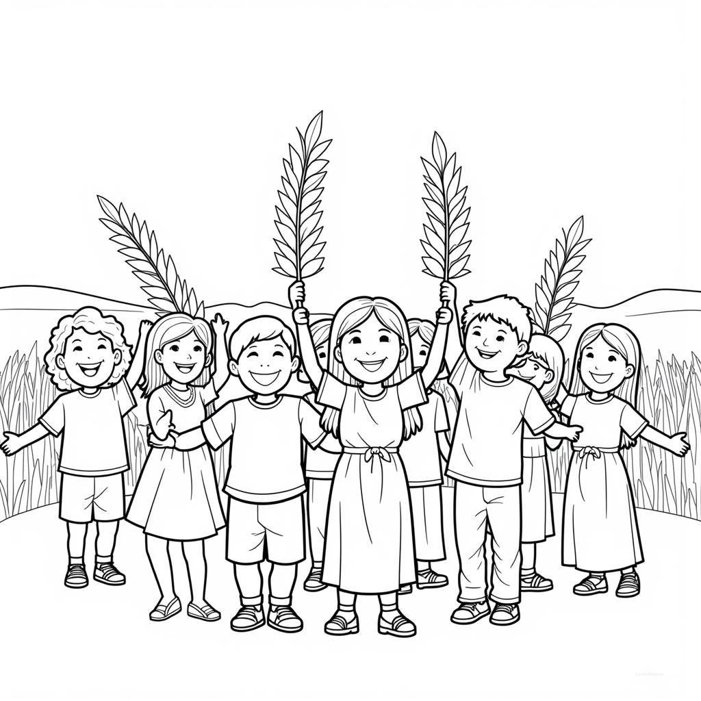 Children Waving Palm Branches Coloring Page