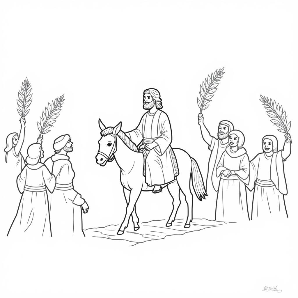 Palm Sunday Coloring Page with Jesus Riding a Donkey