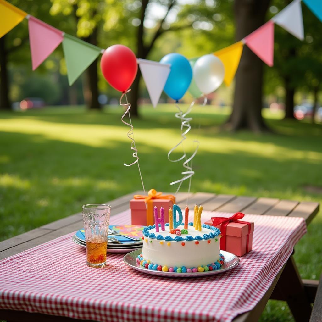 Birthday cake and presents arranged on a picnic table in a park.