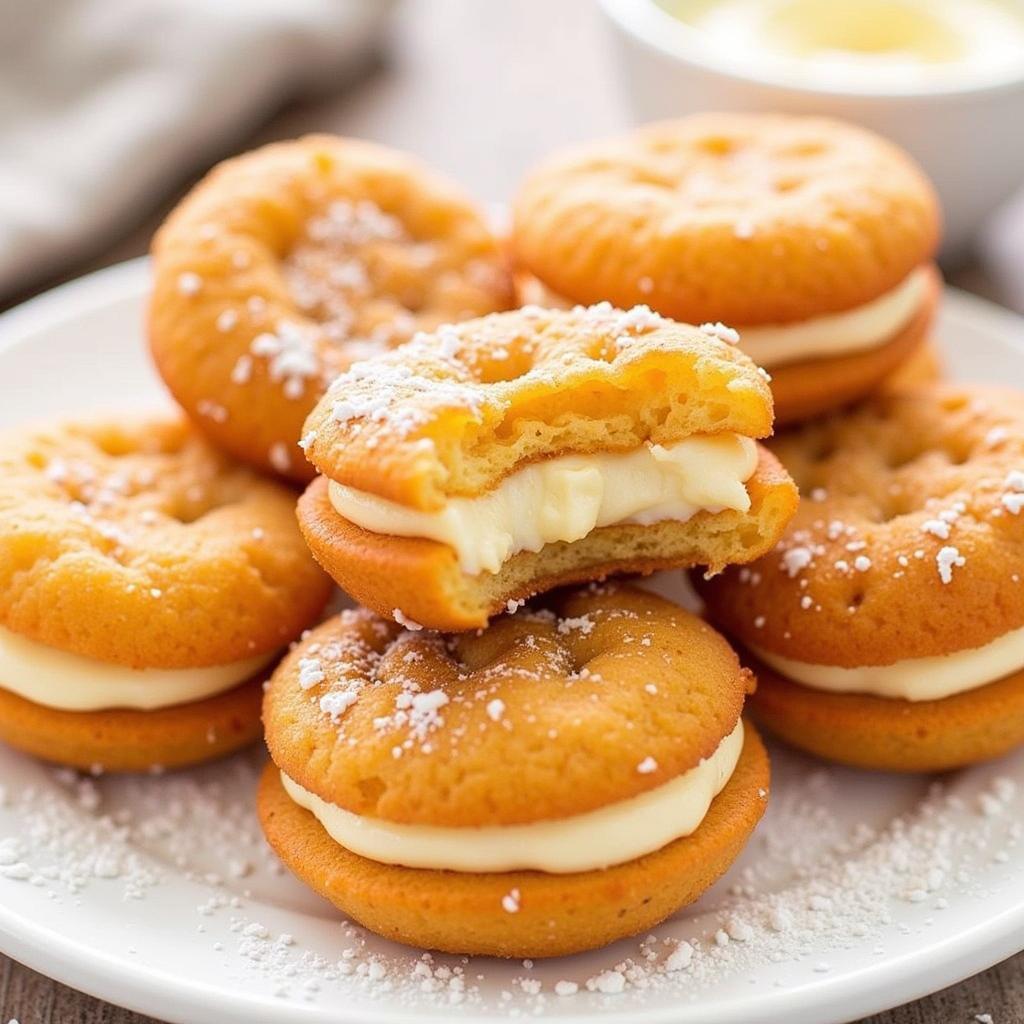 A close-up image of perfectly fried, golden-brown gluten-free Oreos dusted with powdered sugar.