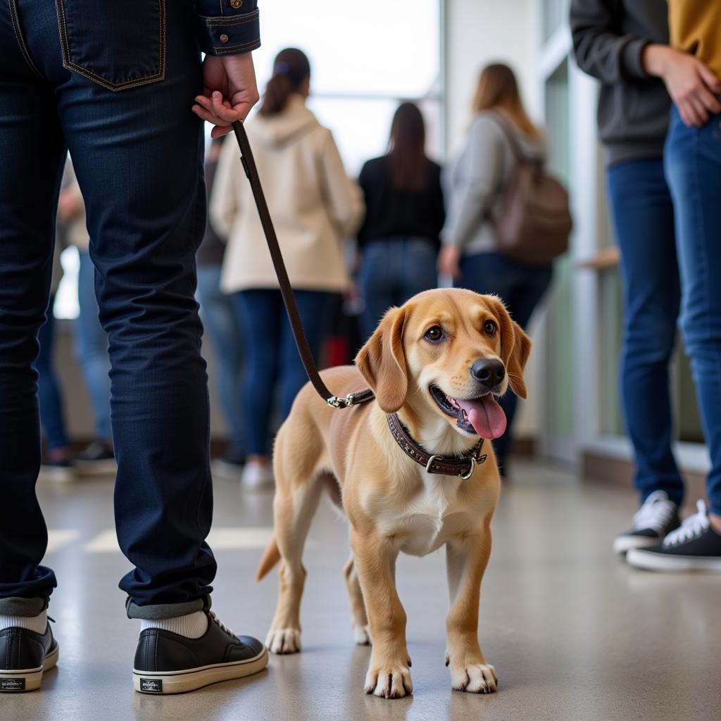 Pet owner at a rabies clinic with their dog