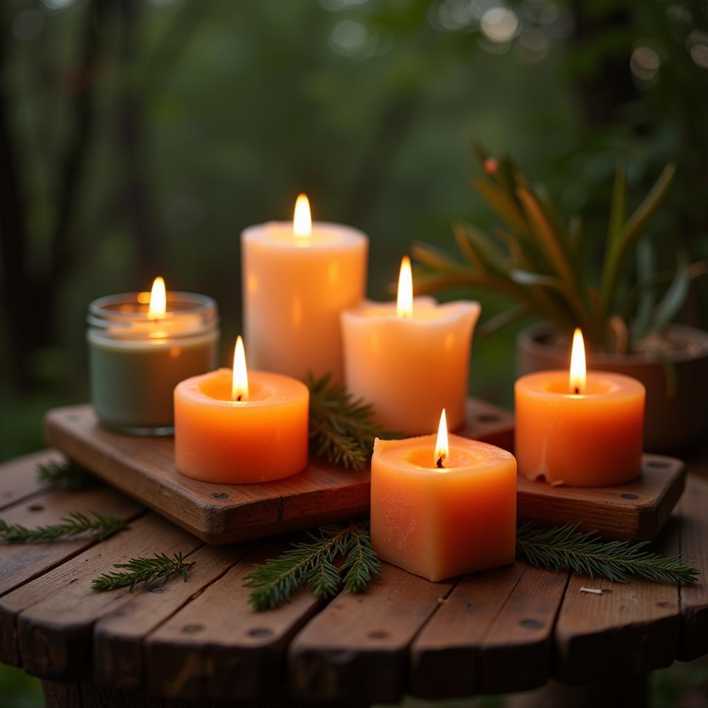 Phthalate-free candles burning on a wooden table, creating a warm and inviting atmosphere.