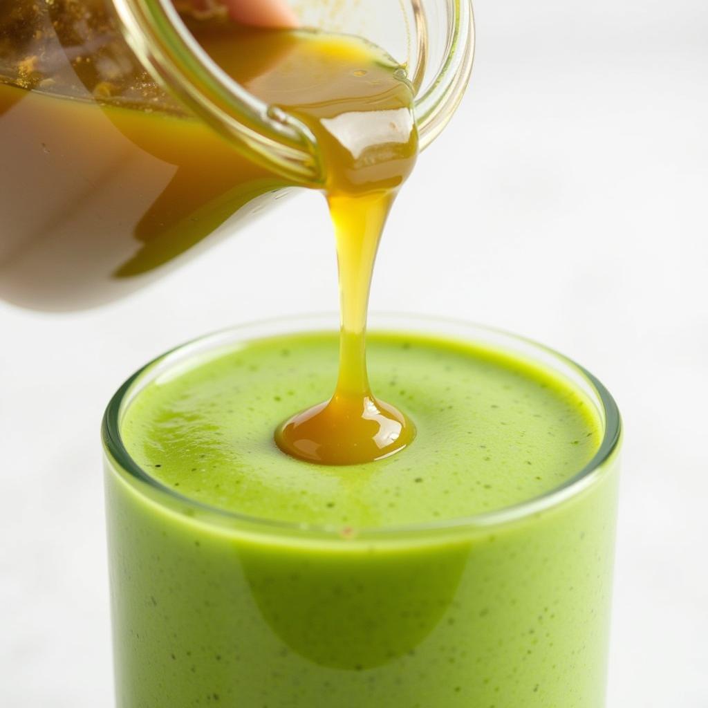 Adding sugar-free pistachio syrup to a smoothie