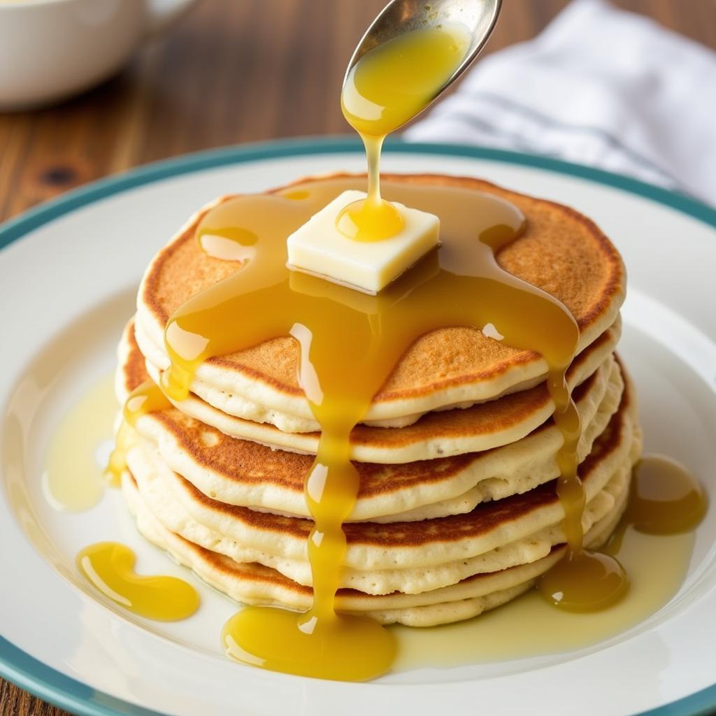 Sugar-free pistachio syrup drizzled over pancakes