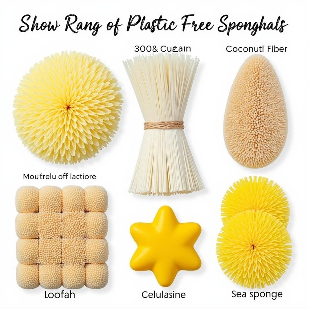 Variety of Plastic Free Sponges: Showing different types like loofah, cellulose, and coconut fiber sponges.