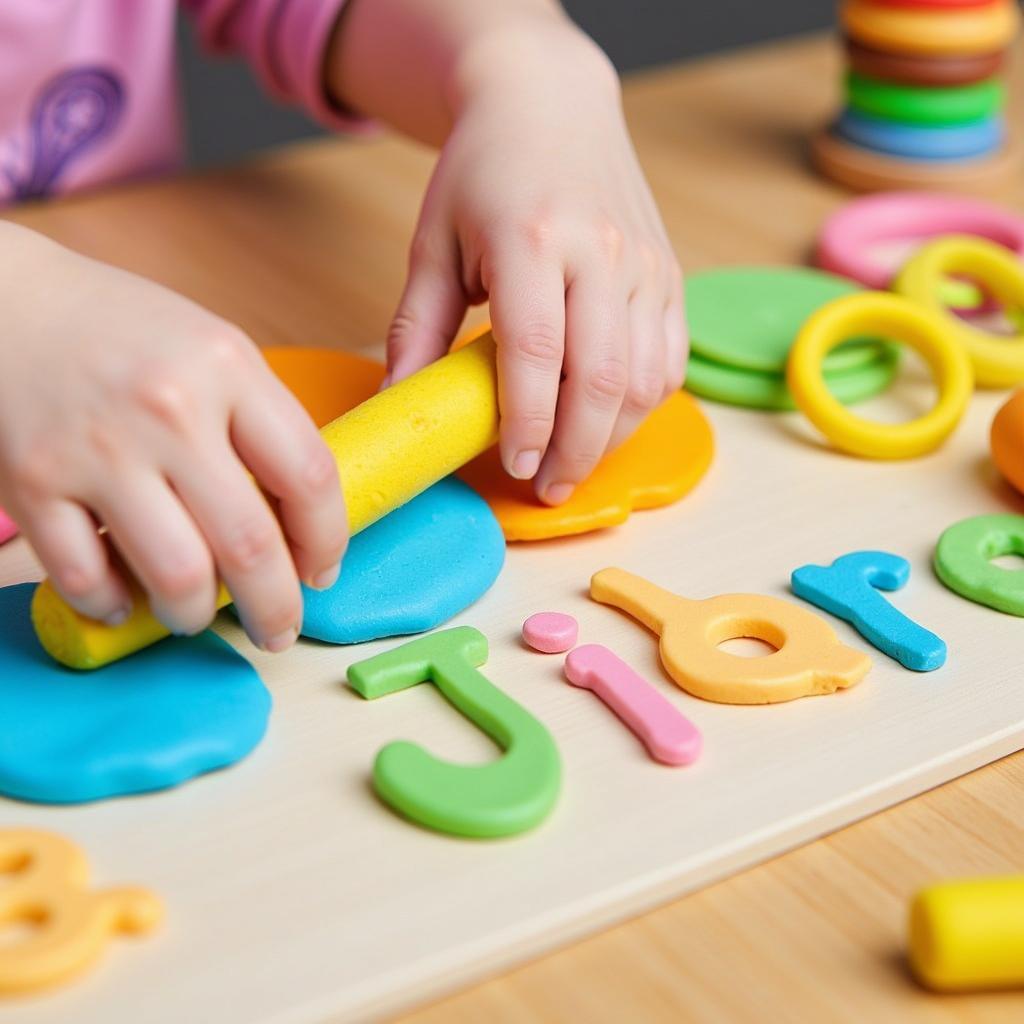 Child Developing Fine Motor Skills with Playdough Name Mat