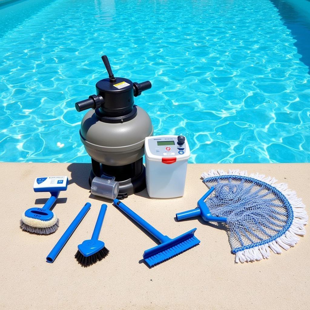 Essential pool maintenance equipment for a metal-free approach, including a filter, testing kit, and cleaning tools.