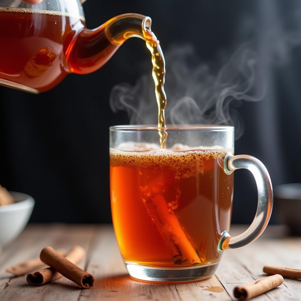 Pouring cinnamon tea into a glass