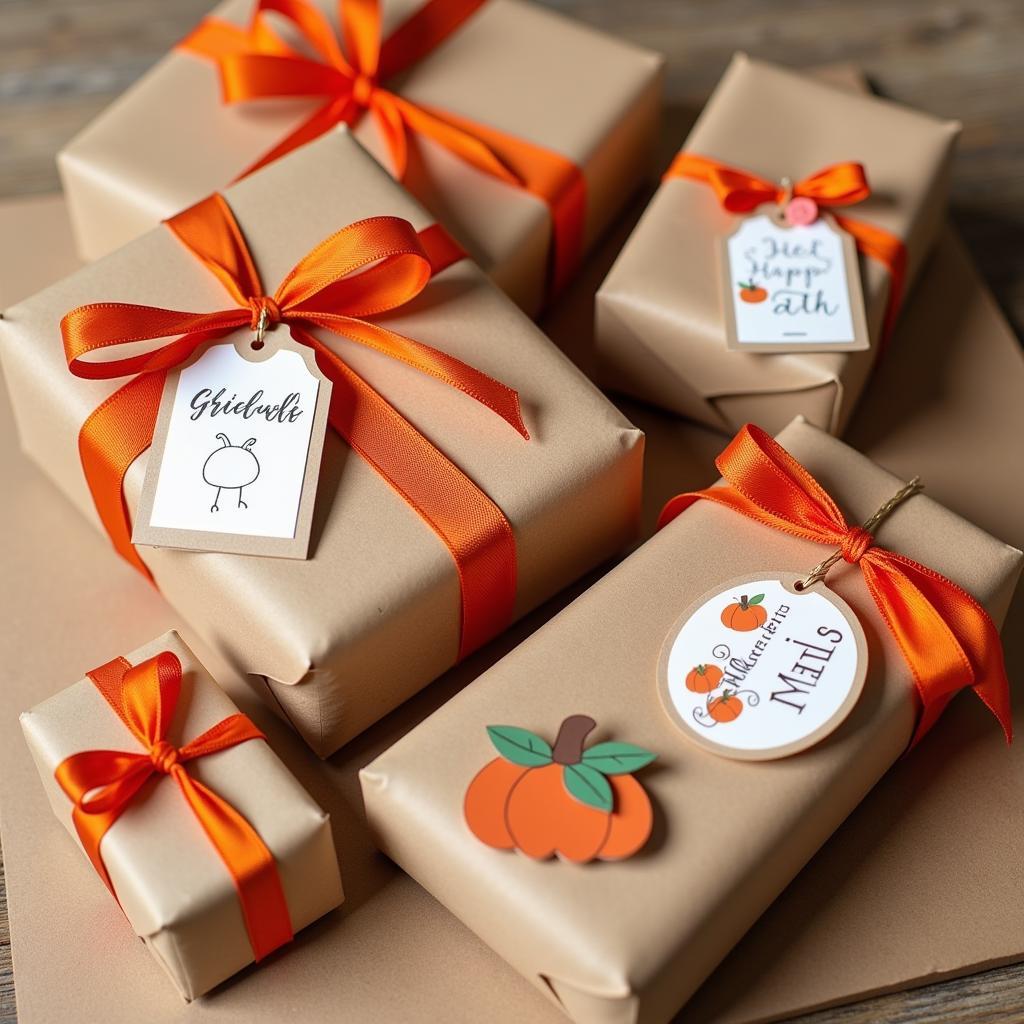 Pumpkin Gift Tags on Wrapped Gifts