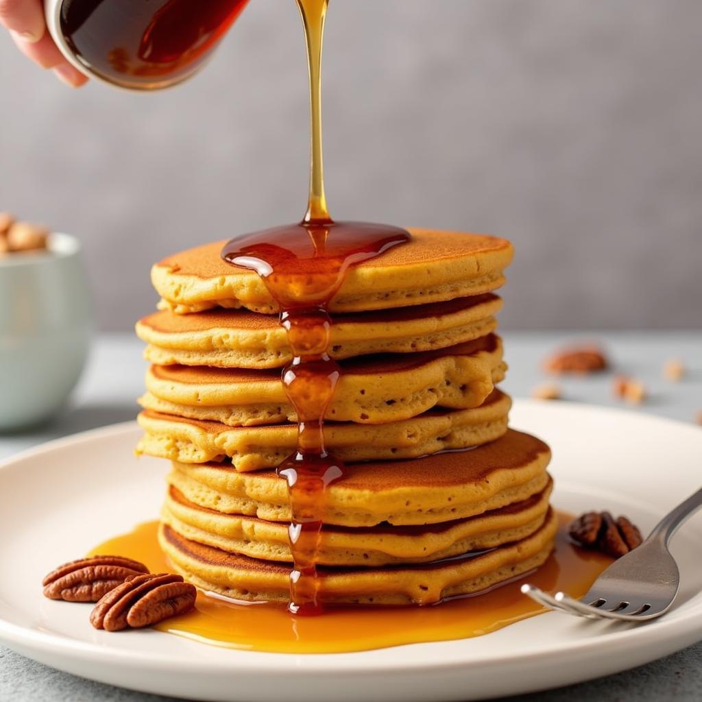 Pouring Pumpkin Sugar Free Syrup onto Pancakes