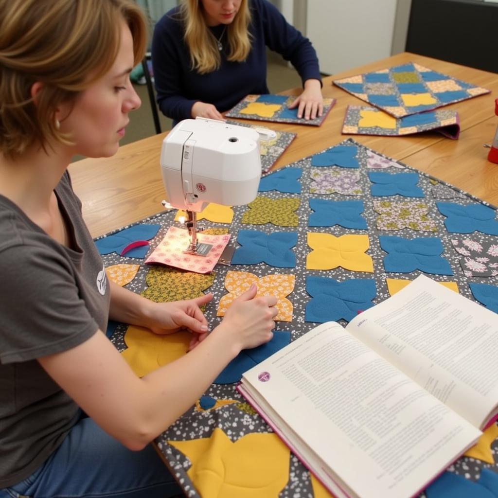 A quilter carefully piecing together 8-inch quilt blocks