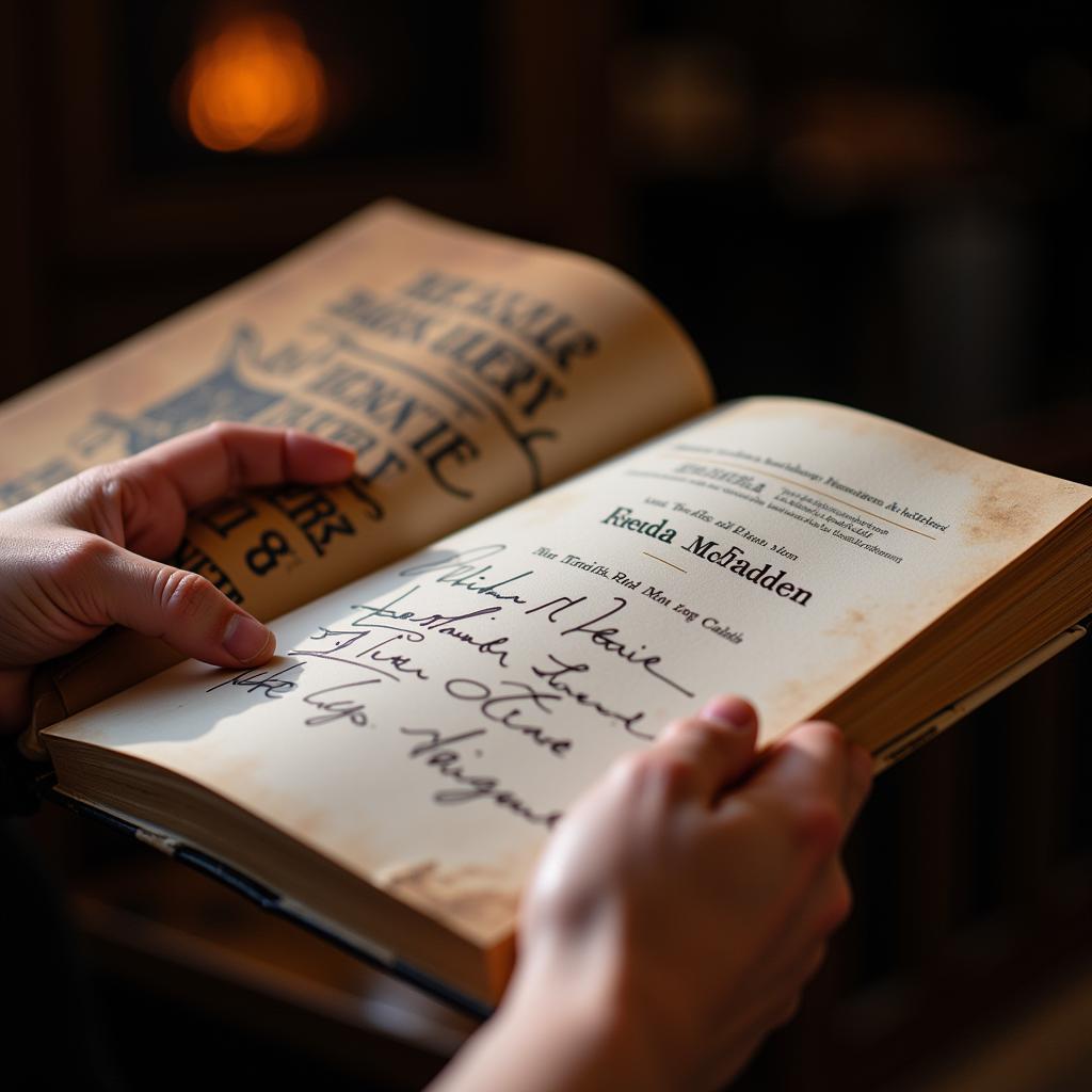 A reader holding a signed copy of a Freida McFadden book.