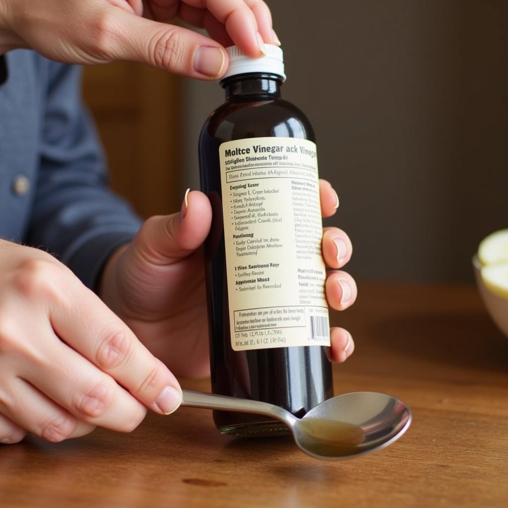 Person Carefully Reading a Malt Vinegar Label