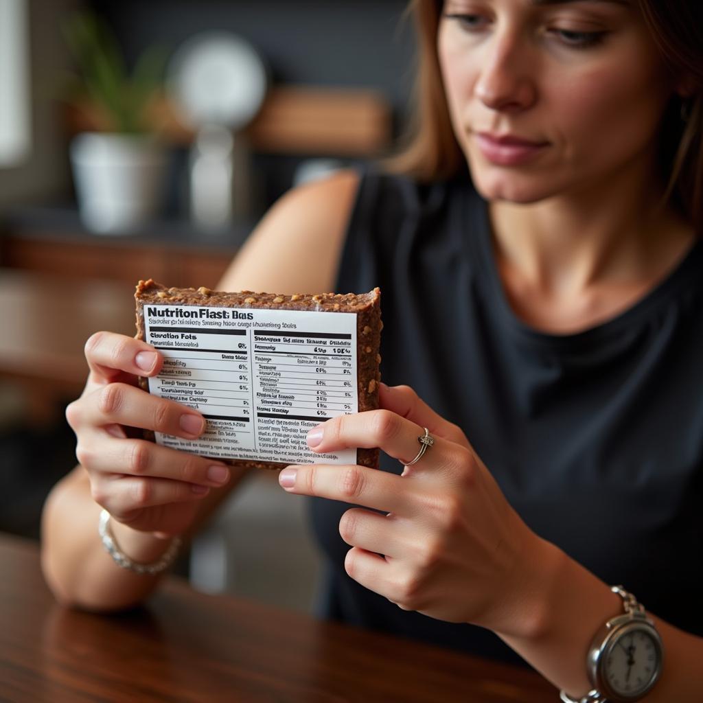 A person carefully examining the nutrition label of a protein bar.