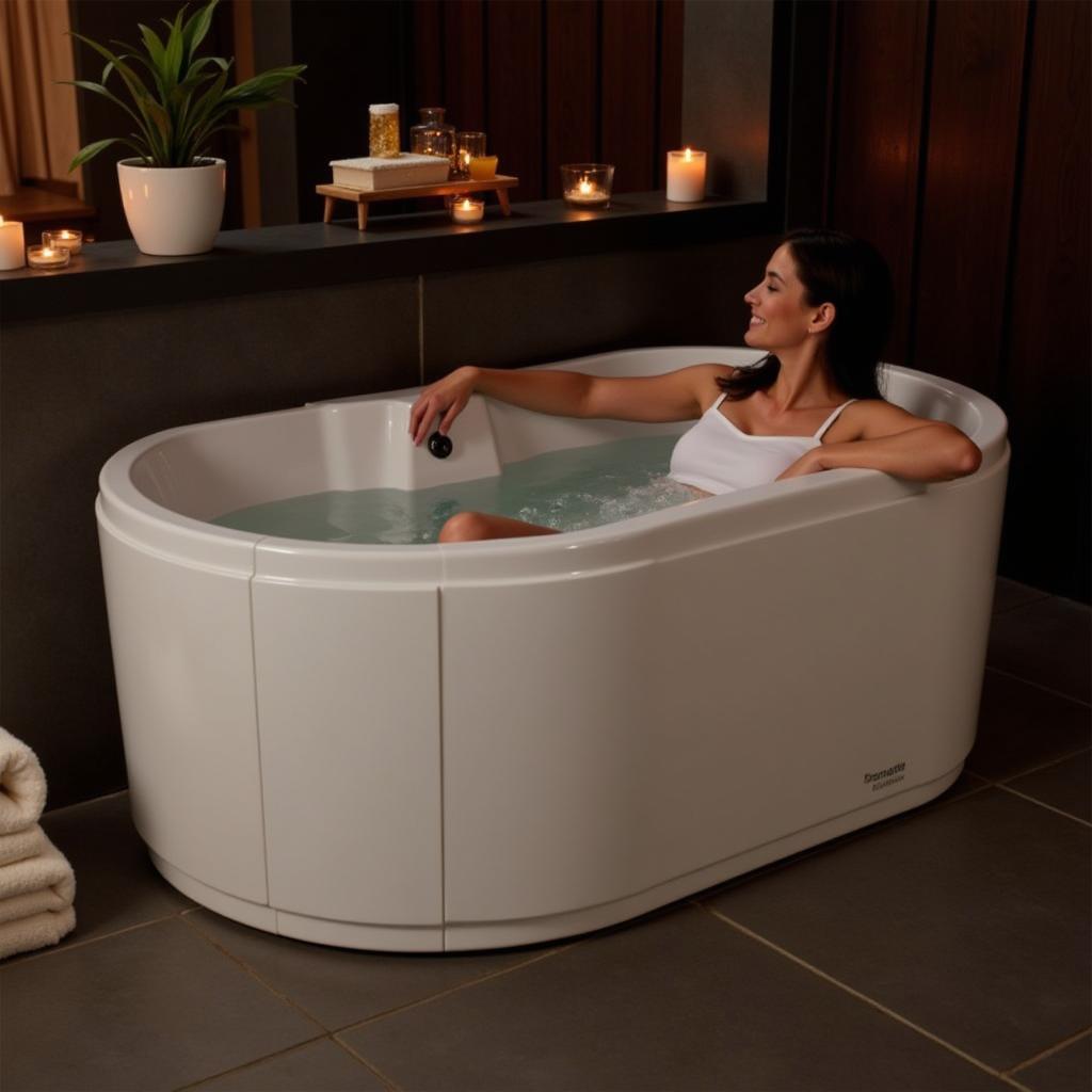 A person relaxing in a free-standing whirlpool tub.