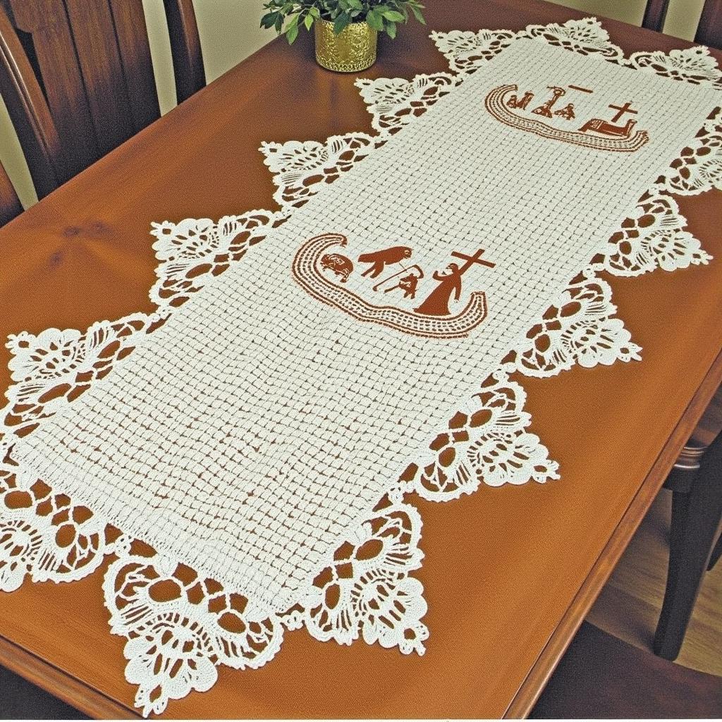 Crocheted Christmas Table Runner with Religious Symbols