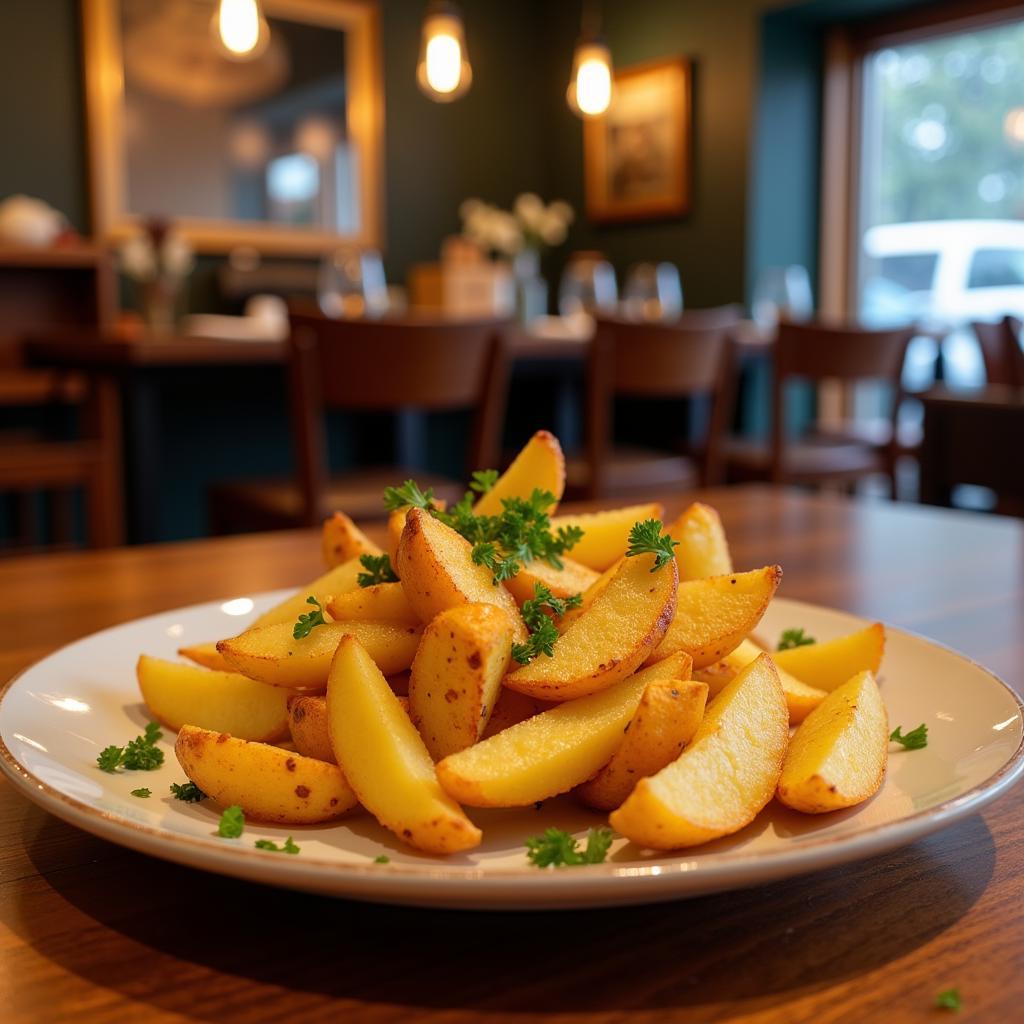 Restaurant Gluten-Free Potato Wedges: A plate of potato wedges served in a restaurant, with a focus on the potential for cross-contamination.