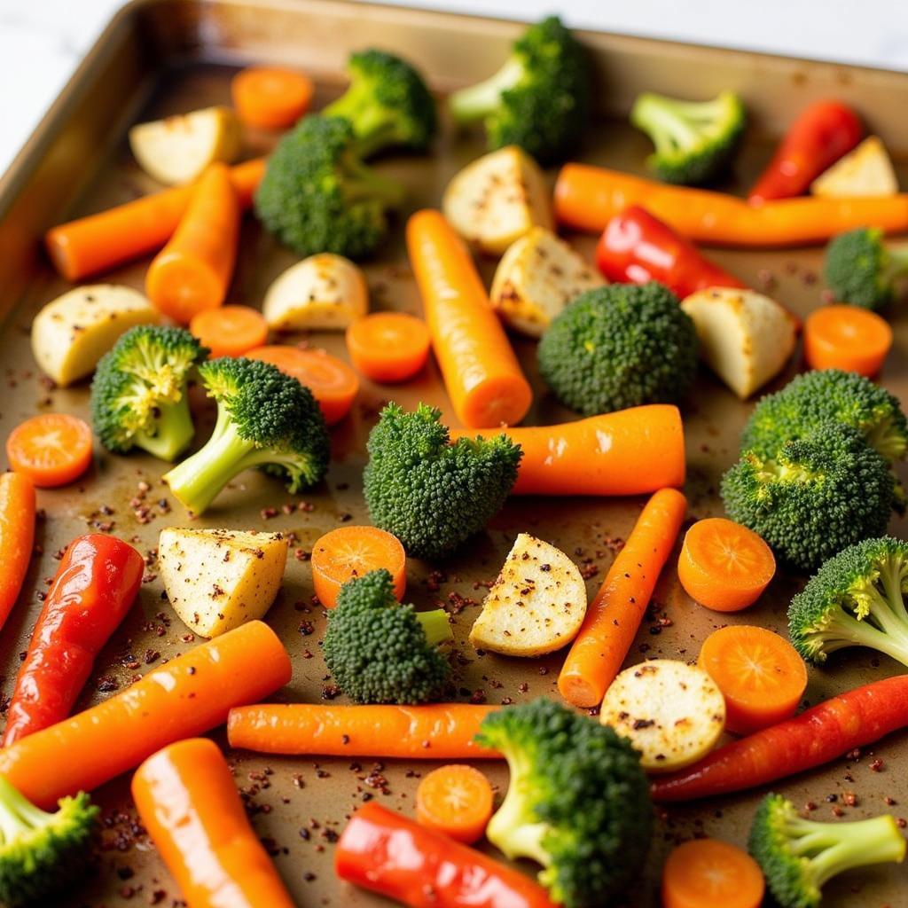 Colorful roasted vegetables seasoned with salt-free everything bagel seasoning