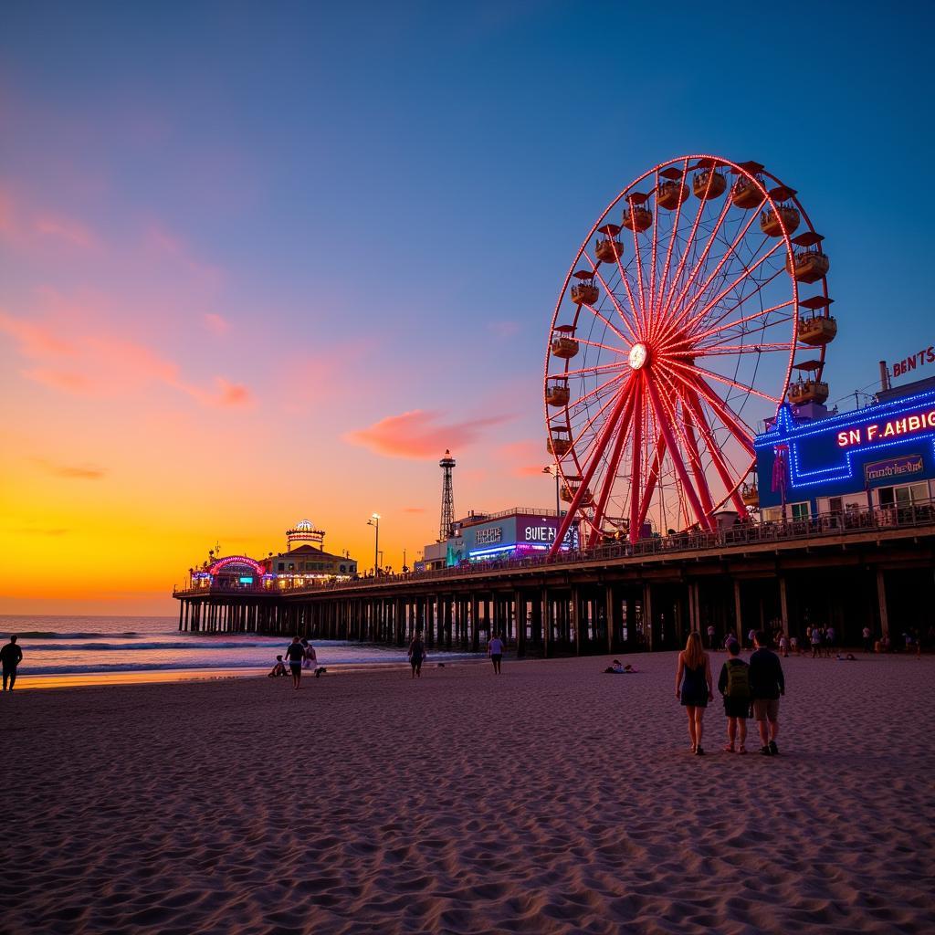 Santa Monica Pier Photoshoot: Capture the vibrant energy of the iconic Ferris wheel and bustling boardwalk at sunset, a perfect free photoshoot location in Los Angeles.