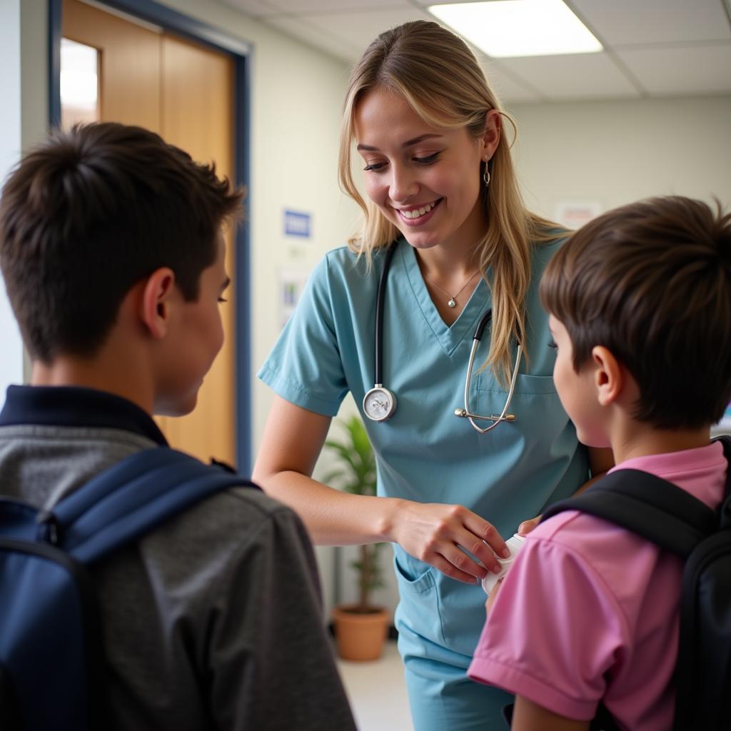 School nurse distributing free deodorant to students.