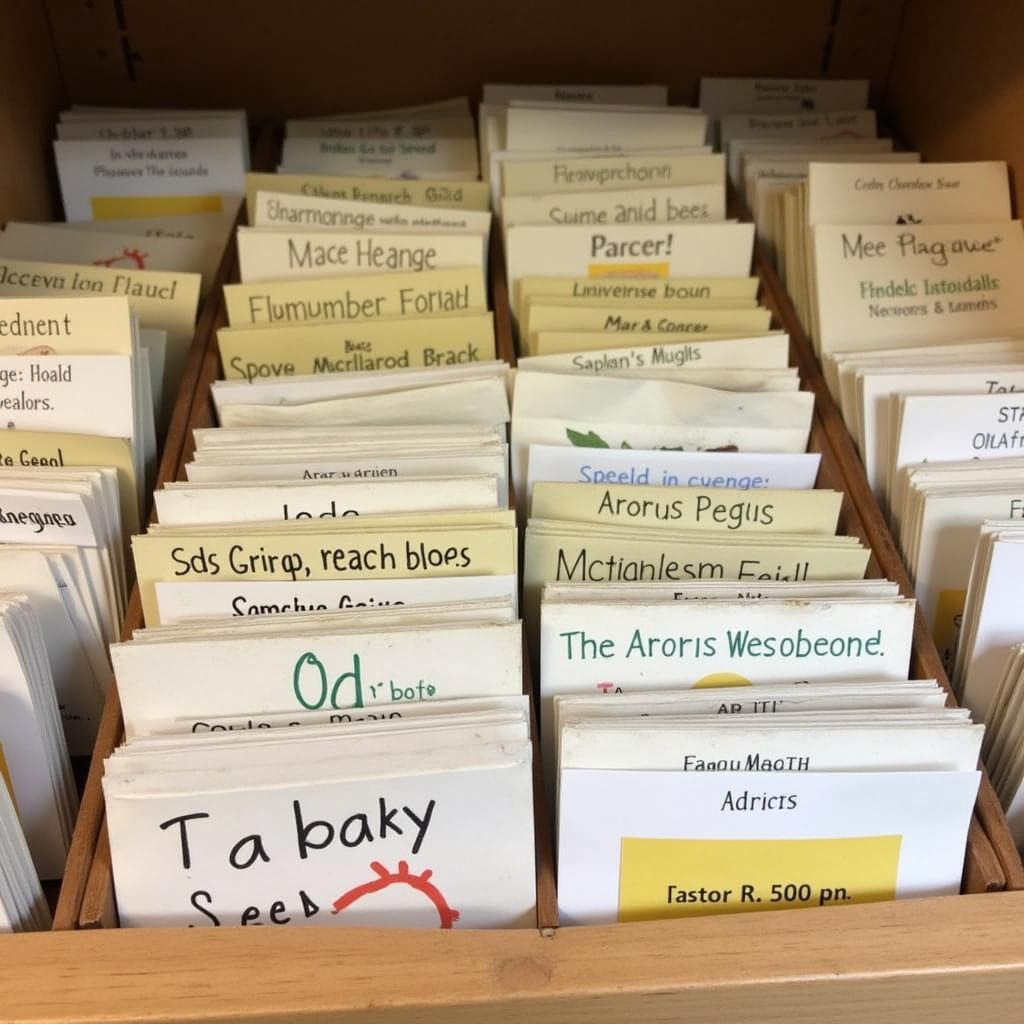 Close-up of various seed packets inside a little free seed library.