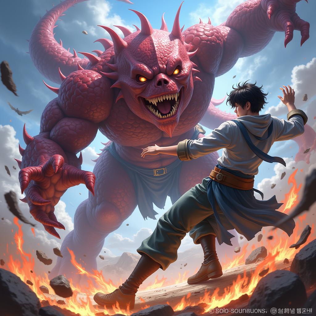 An intense action scene from Solo Leveling depicts Sung Jin-Woo battling a formidable monster. The dynamic artwork captures the fast-paced action and the power of both combatants.