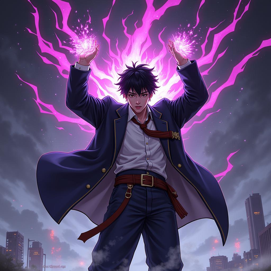 Sung Jin-Woo, the protagonist of Solo Leveling, stands tall, radiating power.  He's surrounded by a shadowy aura, highlighting his unique abilities.