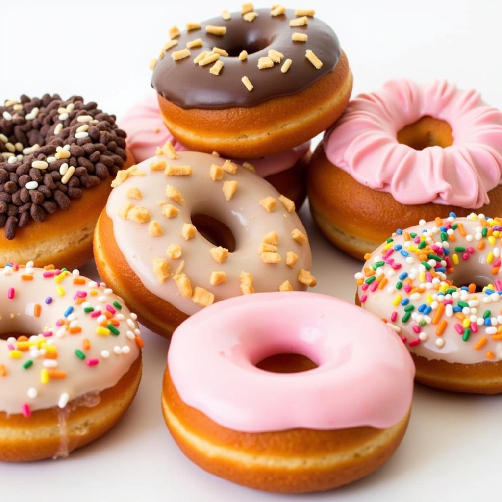 A colorful assortment of various soy-free doughnuts, glazed, frosted, and sprinkled.