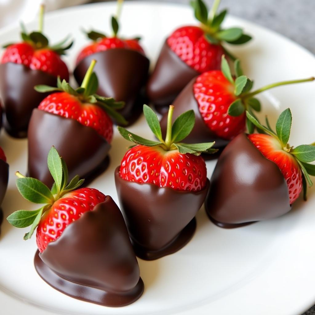 Sugar-free chocolate-covered strawberries arranged on a plate.