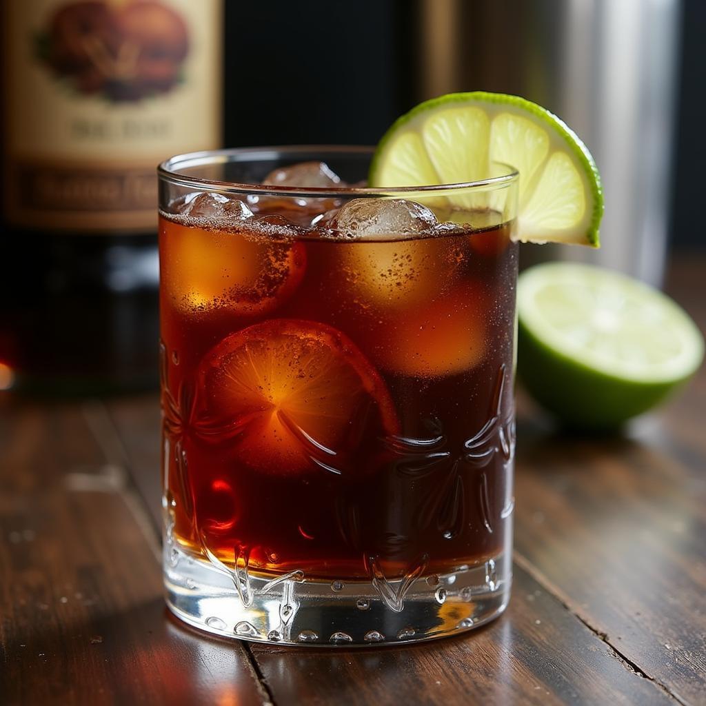 A tall glass filled with ice and a dark-colored cocktail, garnished with a lime wedge.