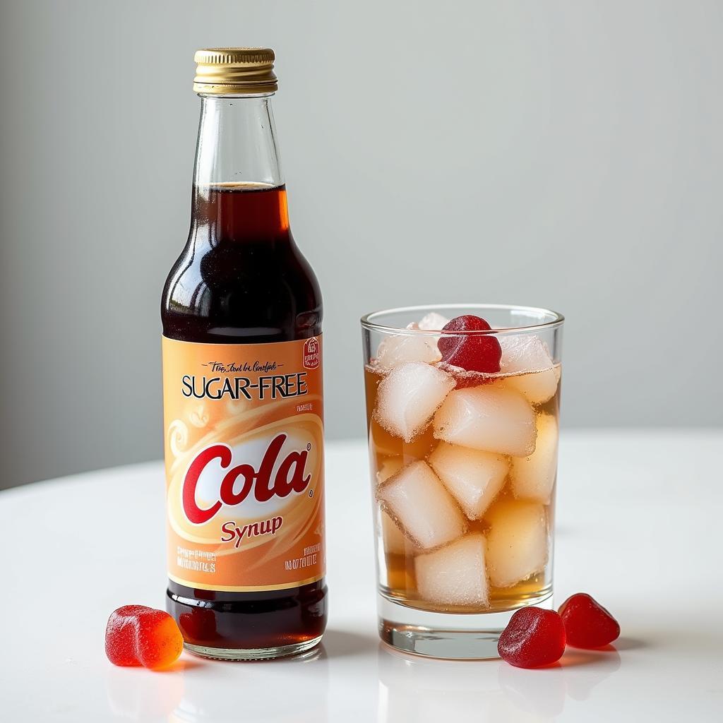 A bottle of sugar-free cola syrup next to a glass of ice and a few cola flavored candies.