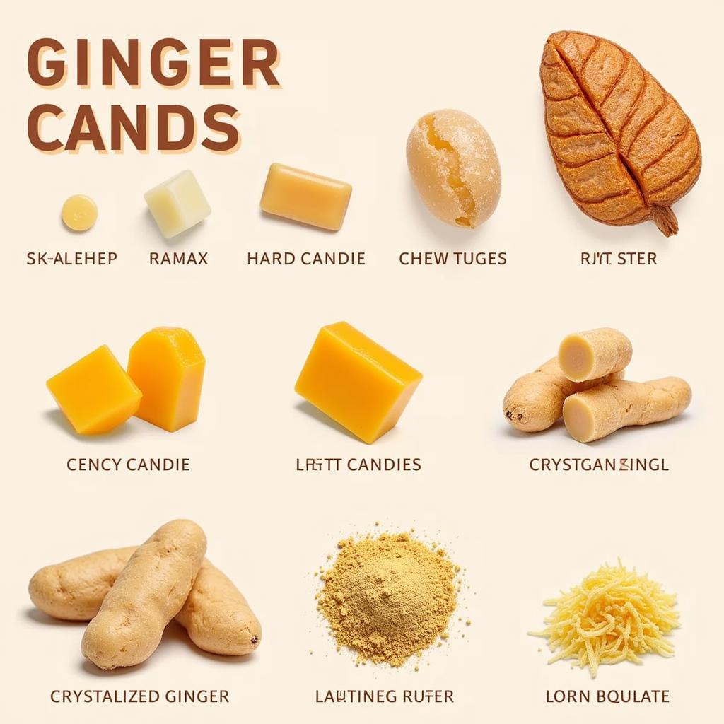 A variety of sugar-free ginger candies showcasing different flavors and textures.