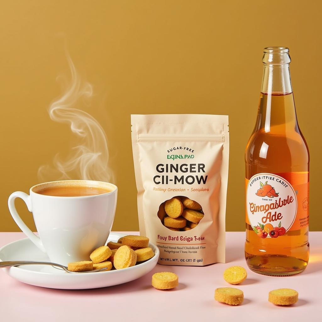 An assortment of sugar-free ginger products including tea, chews, and ginger ale.