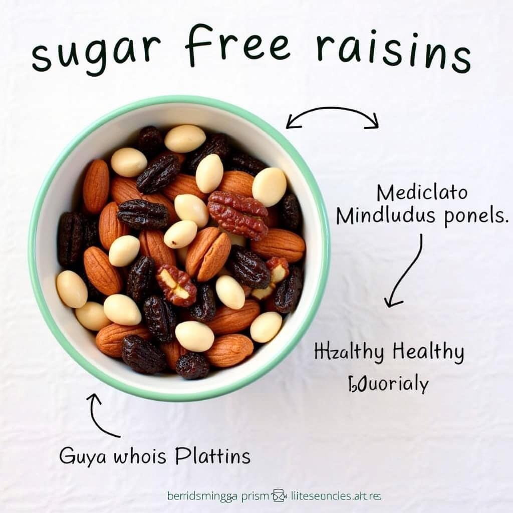 Sugar free raisins mixed with nuts in a bowl, representing a healthy snack mix