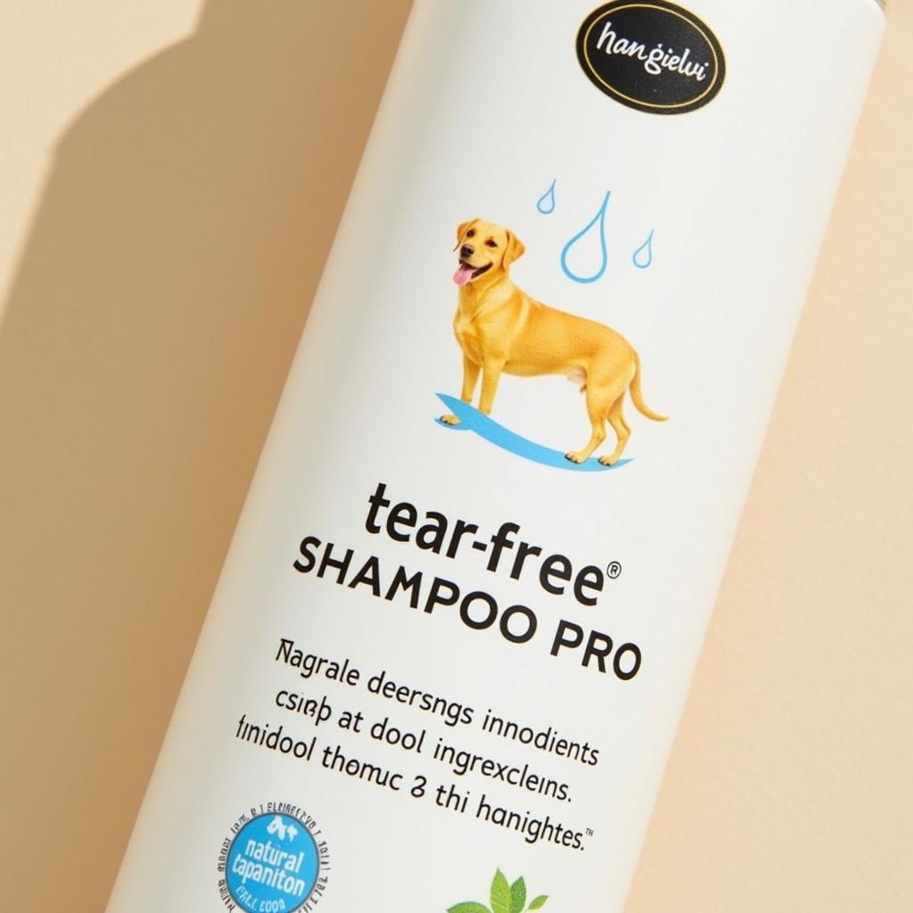 Close-up of a tear-free dog shampoo bottle