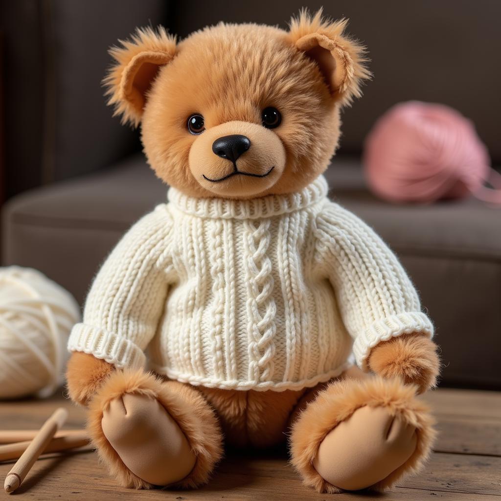 Teddy bear wearing a classic cable knit sweater