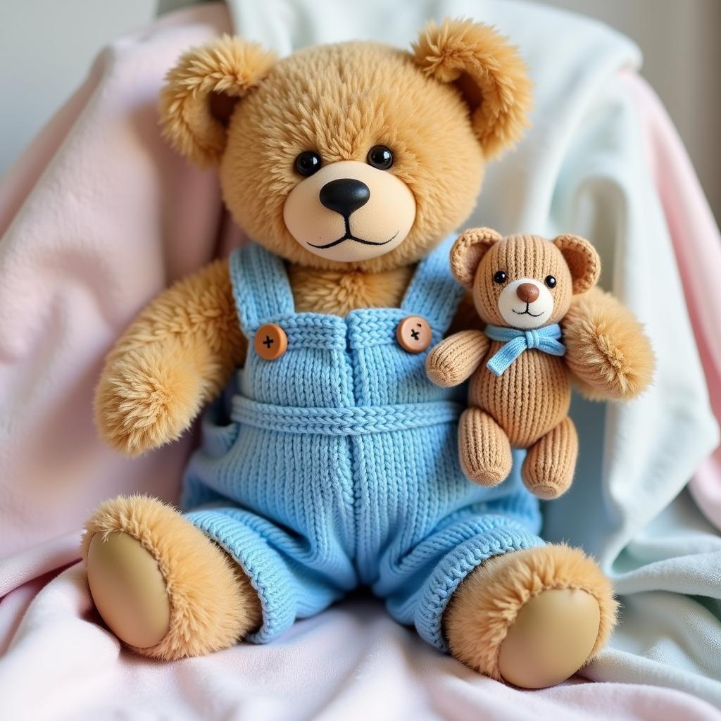 Teddy bear wearing knitted overalls