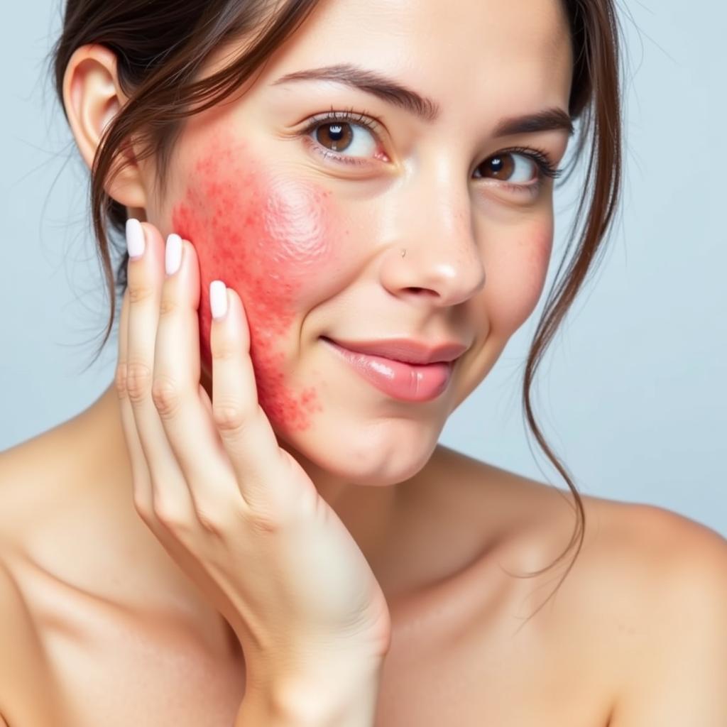 Woman experiencing skin irritation from a product containing titanium dioxide