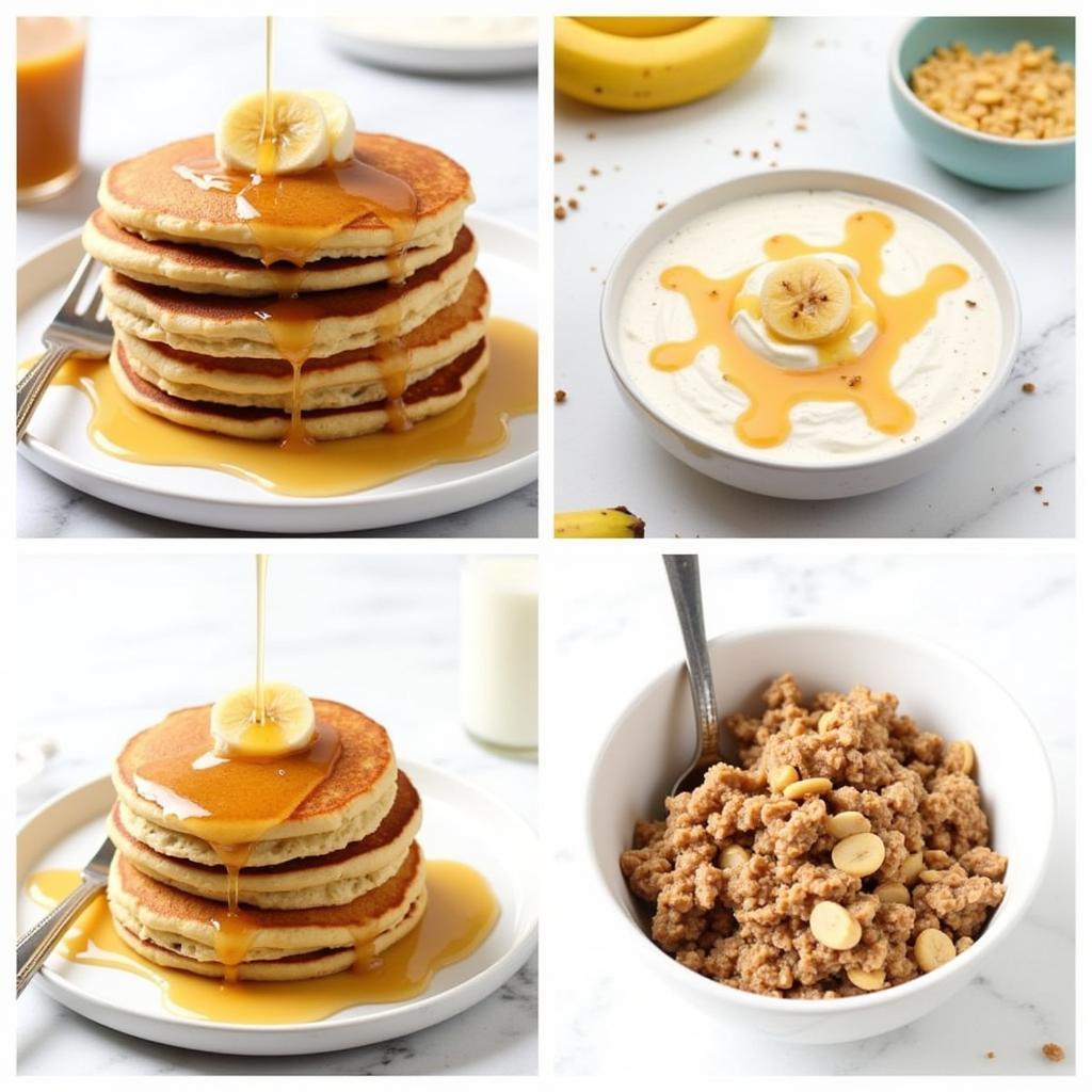 Different foods drizzled with sugar-free banana syrup, including pancakes, yogurt, and oatmeal.