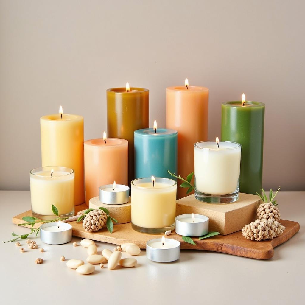 A display of various phthalate-free candles and paraffin-free wax melts in different shapes, sizes, and scents.