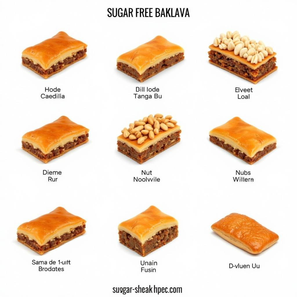 Different types of sugar-free baklava, showcasing diverse ingredients and presentation.