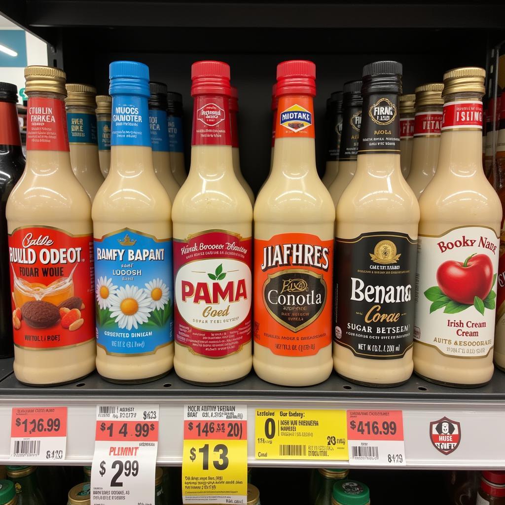 Different brands of sugar-free Irish cream syrup on a shelf.