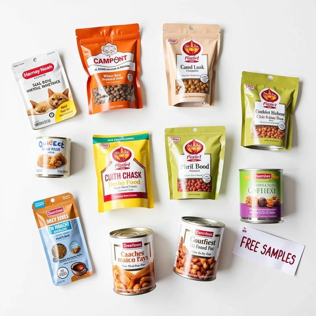 Assortment of different cat food samples