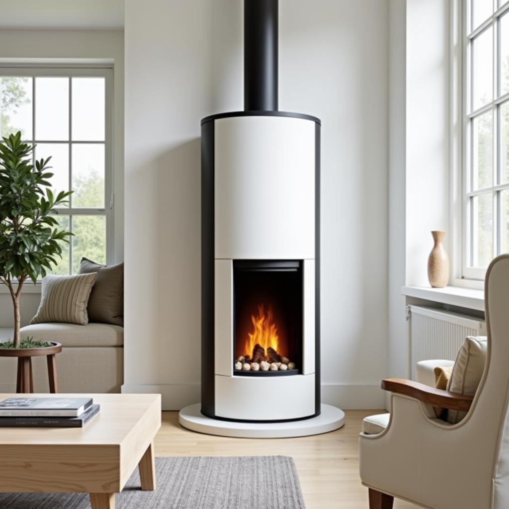 Modern design vent-free propane freestanding fireplace in a contemporary setting