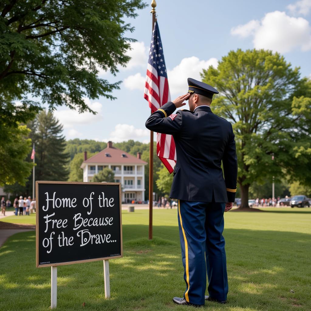 Veteran Saluting American Flag with Home of the Free Sign