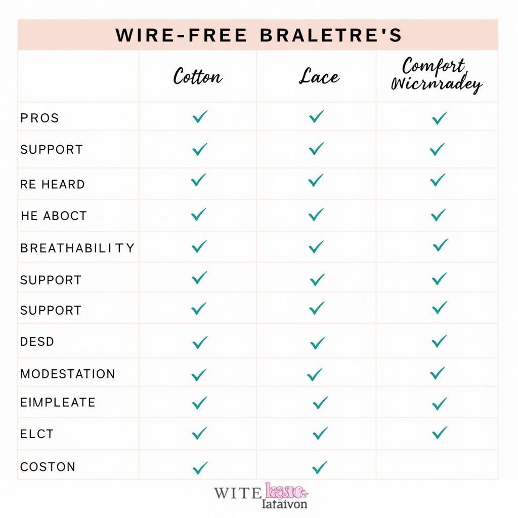 A chart comparing different materials used in wire-free bralettes, such as cotton, lace, and microfiber, along with their pros and cons.