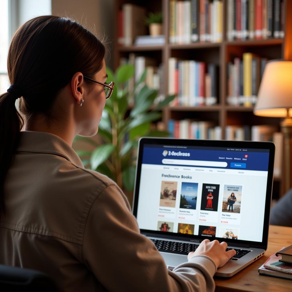 Woman Browsing Free Online Books on Her Laptop