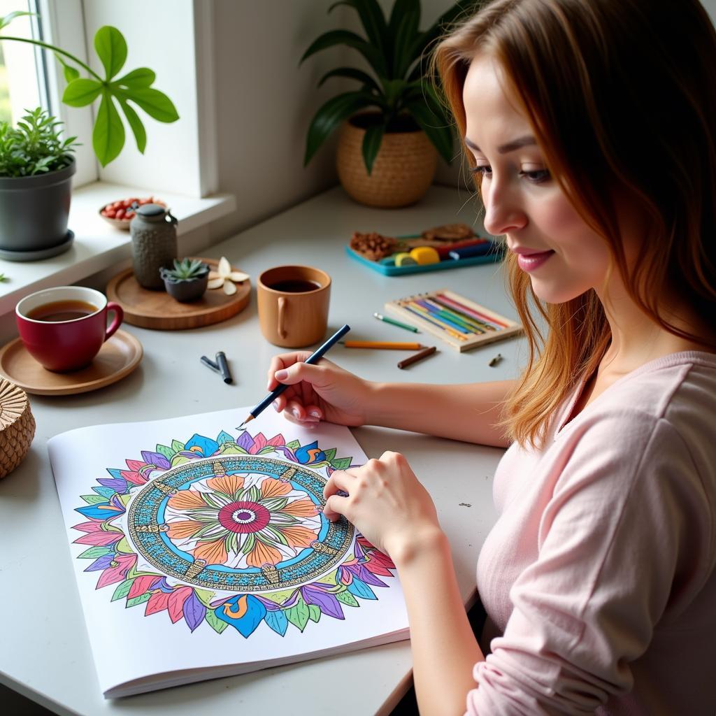 Woman Coloring Intricate Mandala Design