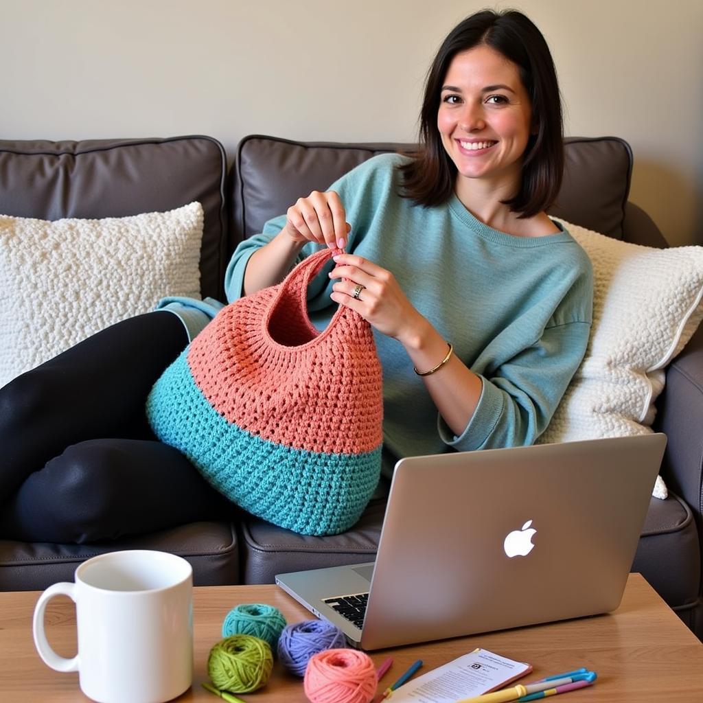 Woman crocheting a bag from a PDF pattern