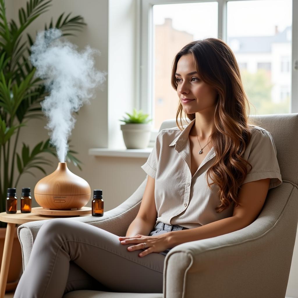 A woman relaxing with an aromatherapy diffuser, surrounded by essential oil bottles.